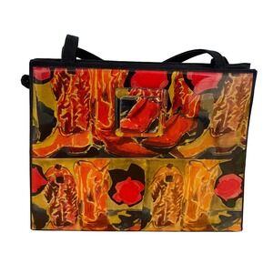 Angela Frascone Vintage Novelty Art Tote Bag Purse Cowboy Boots Roses Top Handle